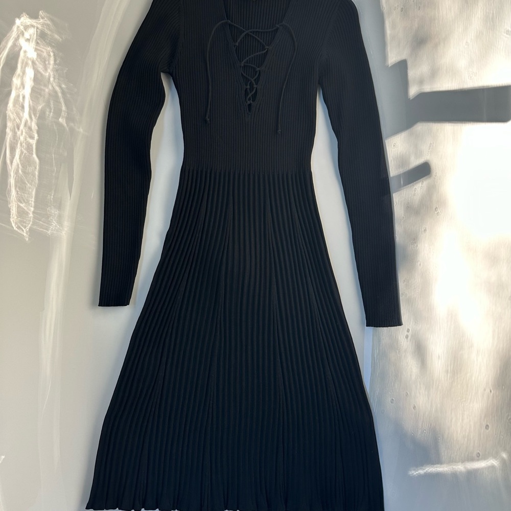 Sandro Black Ribbed Knit Dress with Lacing Detail - Picture 5 of 7